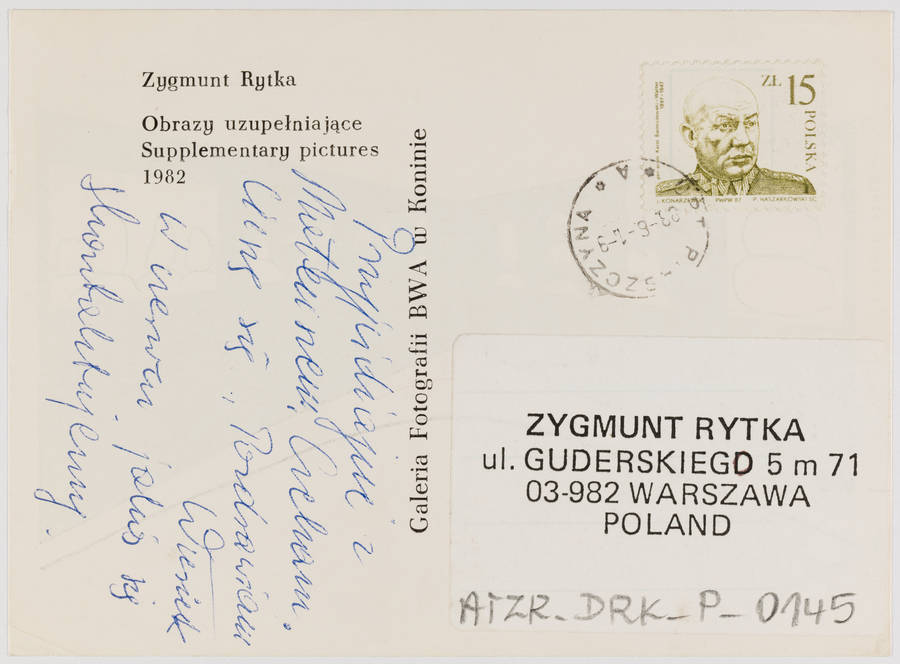 Karta pocztowa &bdquo;Obrazy uzupełniające&rdquo; Zygmunta Rytki (rewers)