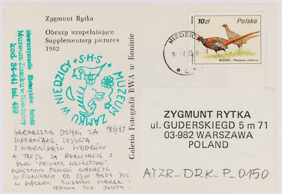 Karta pocztowa &bdquo;Obrazy uzupełniające&rdquo; Zygmunta Rytki (rewers)