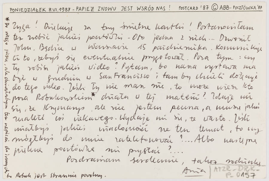 Karta pocztowa autorstwa Anny Beaty Bohdziewicz z okazji wizyty Jana Pawła II w Polsce (rewers)