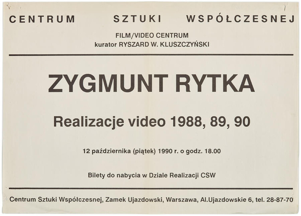 Plakat informujący o wydarzeniu „Realizacje wideo 1988, 1989, 1990” Zygmunta Rytki