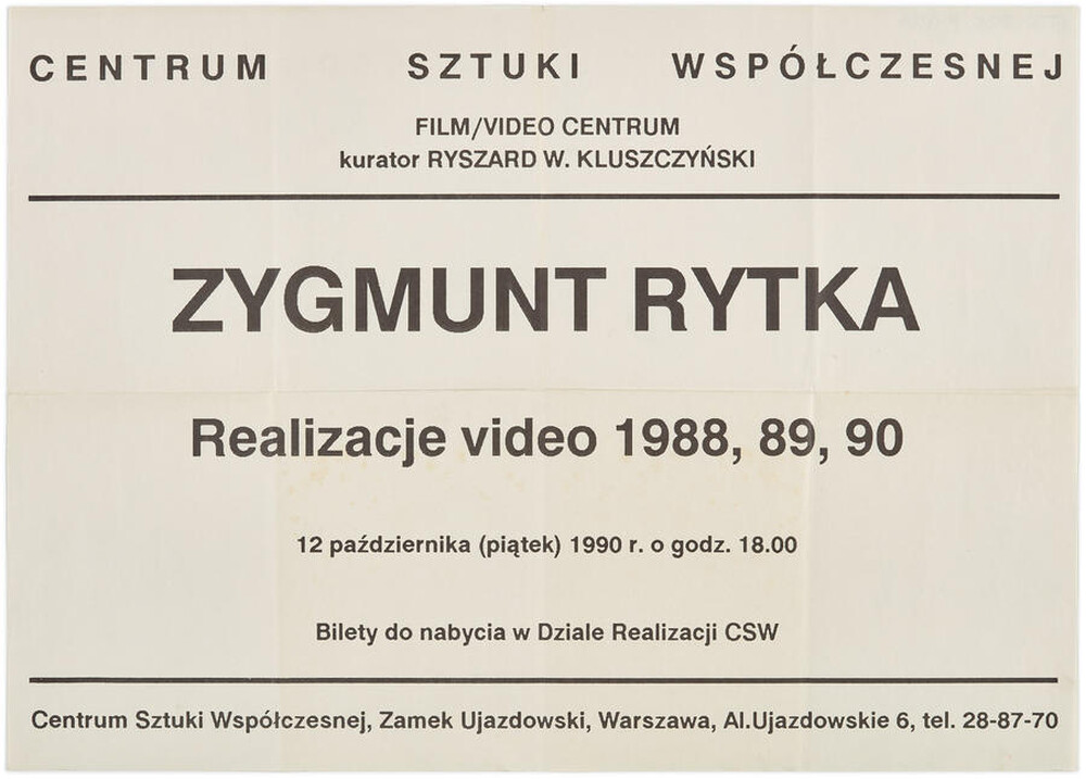 Plakat informujący o wydarzeniu  „Realizacje wideo 1988, 1989, 1990” Zygmunta Rytki.