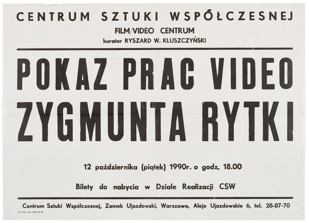 Plakat informujący o pokazie prac video Zygmunta Rytki.