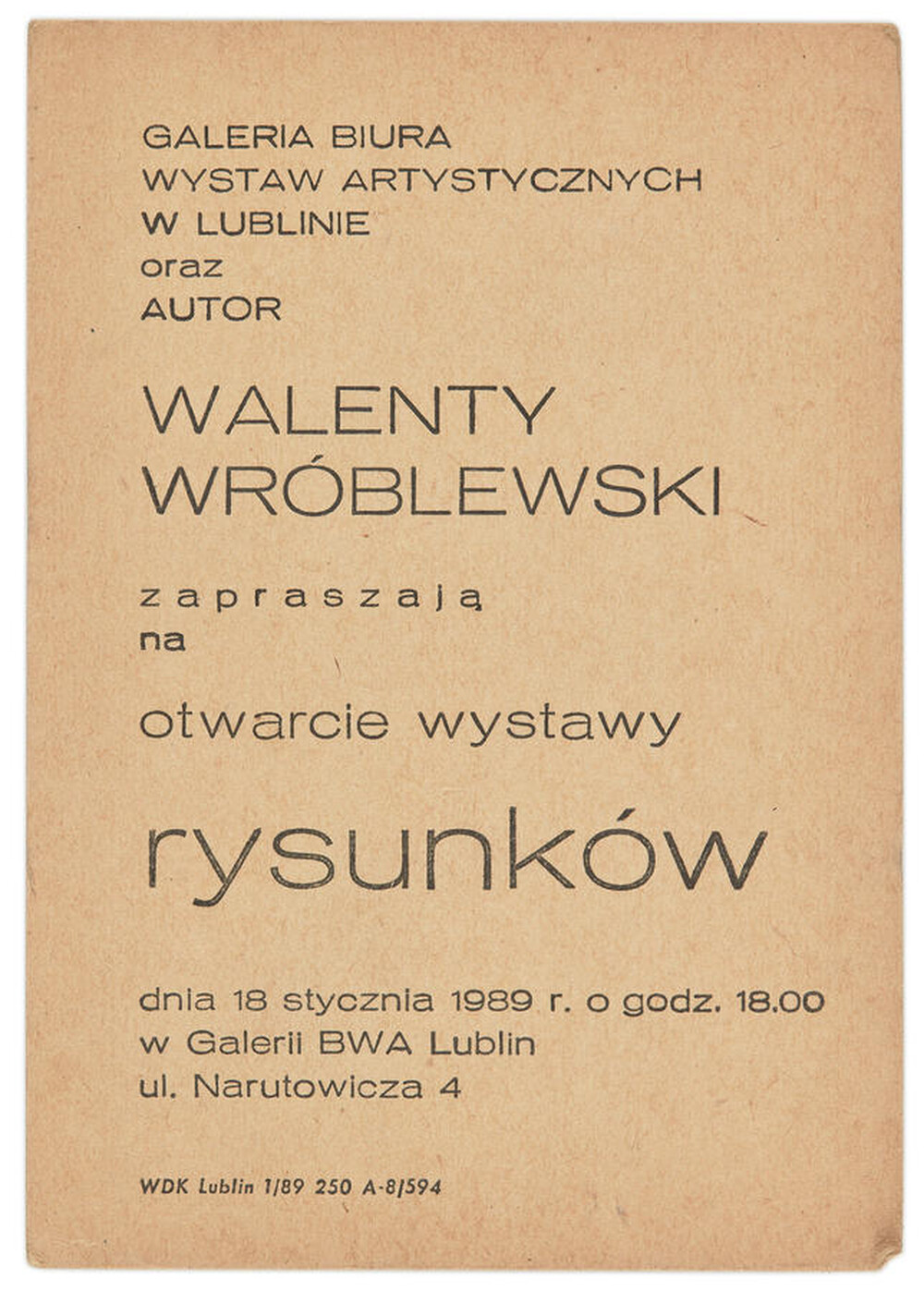 Invitation to an exhibition of drawings by Walenty Wróblewski