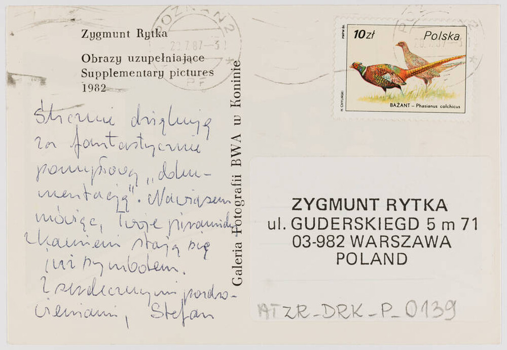Karta pocztowa „Obrazy uzupełniające” Zygmunta Rytki (rewers)
