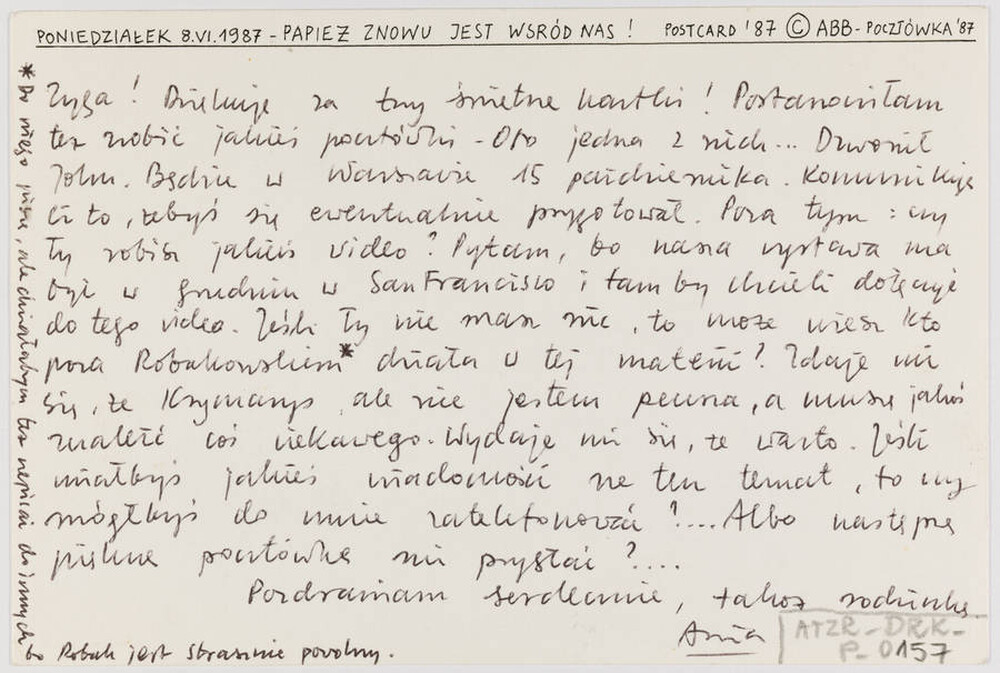 Karta pocztowa autorstwa Anny Beaty Bohdziewicz z okazji wizyty Jana Pawła II w Polsce (rewers)