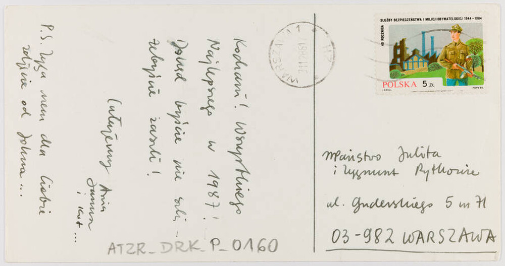 Karta pocztowa autorstwa Anny Beaty Bohdziewicz z życzeniami noworocznymi dla Zygmunta Rytki (rewers)