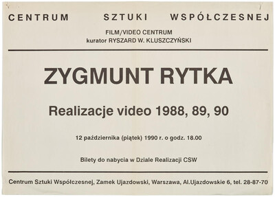 Plakat informujący o wydarzeniu &bdquo;Realizacje wideo 1988, 1989, 1990&rdquo; Zygmunta Rytki