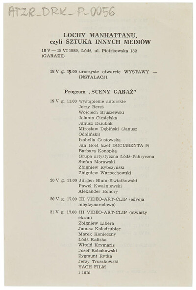 Program  wystawy - instalacji &bdquo;Lochy Manhattanu, czyli sztuka innych medi&oacute;w&rdquo; J&oacute;zefa Robakowskiego