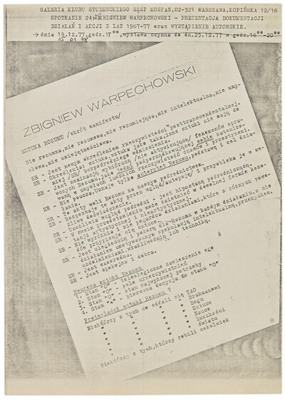 Informacja o spotkaniu ze Zbigniewem Warpechowskim pt. &bdquo;Prezentacja dokumentacji działań i akcji z lat 1967 - 77&rdquo; oraz wystąpieniu autora pt. &bdquo;Sztuka rozumu&rdquo;
