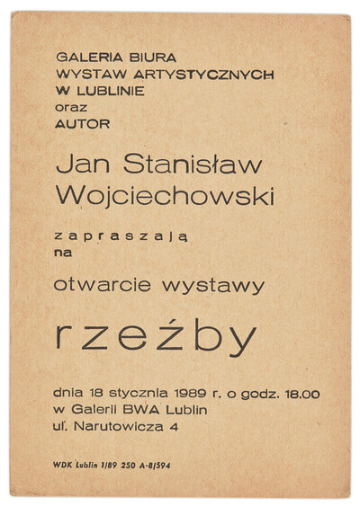 Zaproszenie na otwarcie do wystawy rzeźby Jana Stanisława Wojciechowskiego