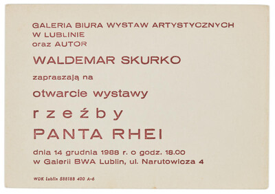 Zaproszenie na otwarcie do wystawy rzeźby Waldemara Skurko pt. &bdquo;Panta Rhei&rdquo;