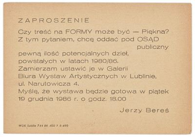 Zaproszenie na wystawę Jerzego Beresia pt. &bdquo;Czy treść na FORMY może być Piękna&rdquo;