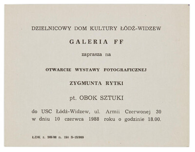 Zaproszenie na otwarcie wystawy fotograficznej Zygmunta Rytki pt. &bdquo;Obok sztuki&rdquo;