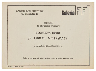 Zaproszenie na wystawę Zygmunta Rytki pt. &bdquo;Obiekt nietrwały&rdquo;