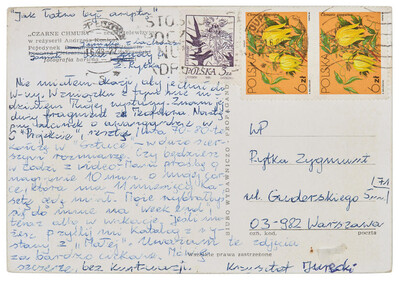 Rewers karty pocztowej przerobionej na pojedynek artyst&oacute;w pt. &bdquo;Dziki&rdquo; z tekstem Krzysztofa Jureckiego do Zygmunta Rytki