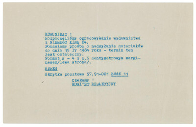 Prośba o nadsyłanie materiał&oacute;w do &bdquo;Niemego kina 84&rdquo;