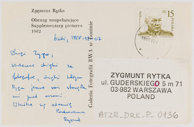 Karta pocztowa &bdquo;Obrazy uzupełniające&rdquo; Zygmunta Rytki (rewers)