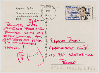 Karta pocztowa &bdquo;Obrazy uzupełniające&rdquo; Zygmunta Rytki (rewers)