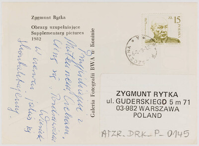 Karta pocztowa &bdquo;Obrazy uzupełniające&rdquo; Zygmunta Rytki (rewers)