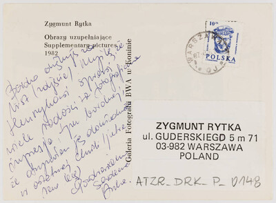 "Complementary Pictures" by Zygmunt Rytka postcard (reverse)