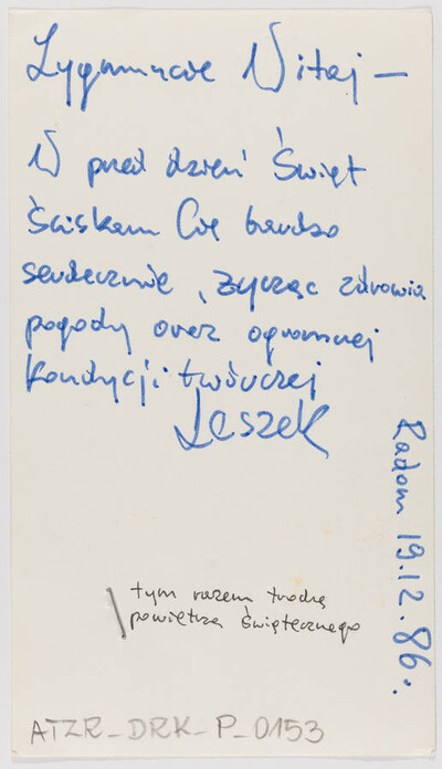 Postcard by Leszek Golec with Christmas wishes (reverse)