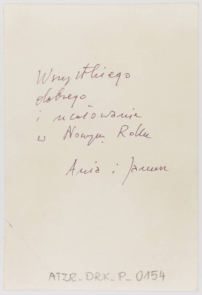 Postcard by Anna Beata Bohdziewicz with New Year's greetings for Zygmunt Rytka (reverse)