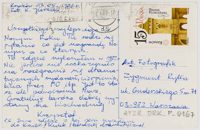 Rewers karty pocztowej  od Krzysztofa Jureckiego