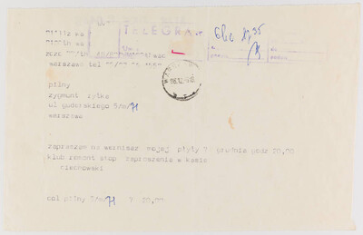 Telegram od Grzegorza Ciechowskiego zapraszający Zygmuta Rytkę na wernisaż płyty