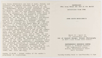 Invitation to the exhibition of photographs by Anna Beata Bohdziewicz  "Photodiary (The Song About the End of the World)" in Boston
